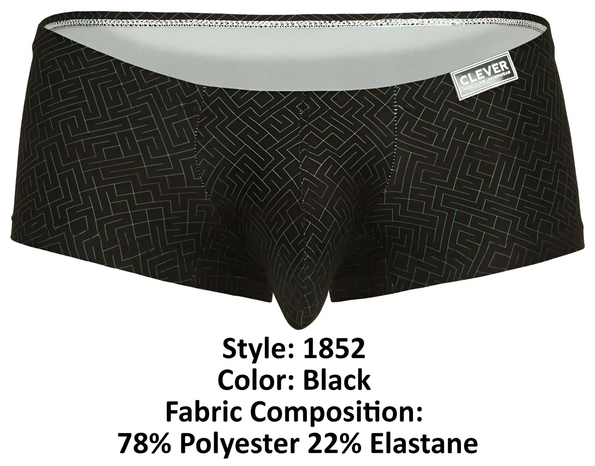 Clever 1852 laberin trunks black men’s briefs with subtle white maze pattern and branded clever waistband label