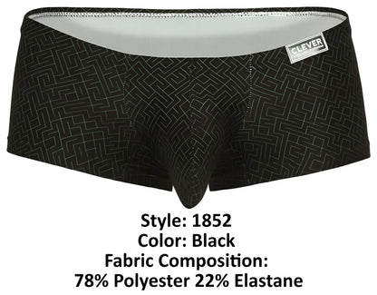 Clever 1852 laberin trunks black men’s briefs with subtle white maze pattern and branded clever waistband label