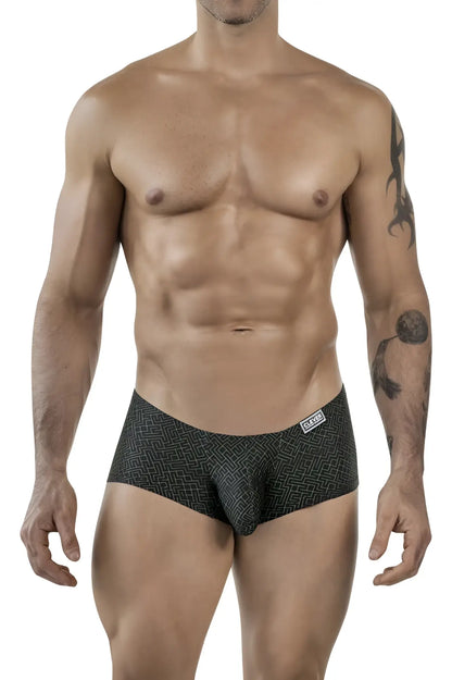 Black clever 1852 laberin trunks with subtle geometric pattern and small white brand tag on waistband