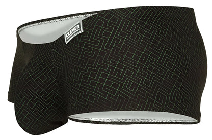 Black swim trunks clever 1852 laberin with subtle light gray maze pattern and white trim on waistband and leg openings