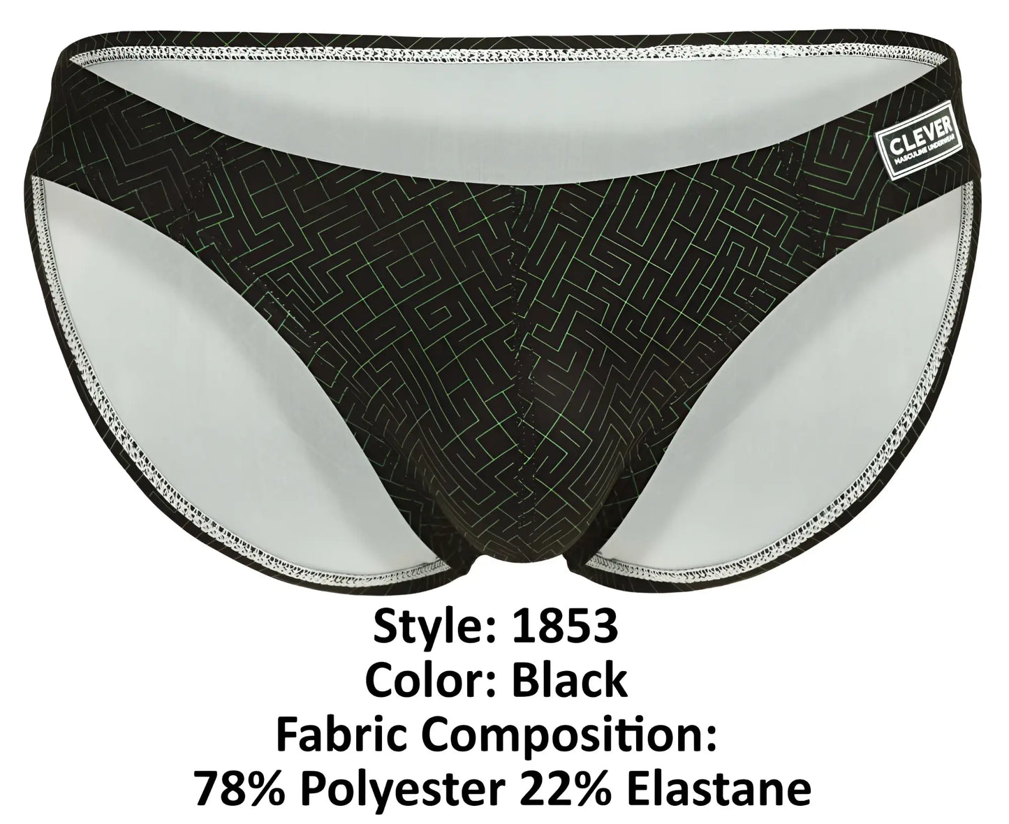 Black briefs with subtle geometric pattern and white inner lining featuring clever brand label from clever 1853 laberin bikini color black
