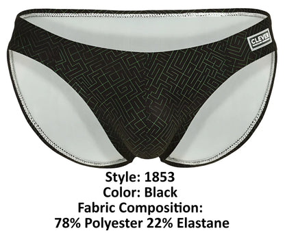 Black briefs with subtle geometric pattern and white inner lining featuring clever brand label from clever 1853 laberin bikini color black