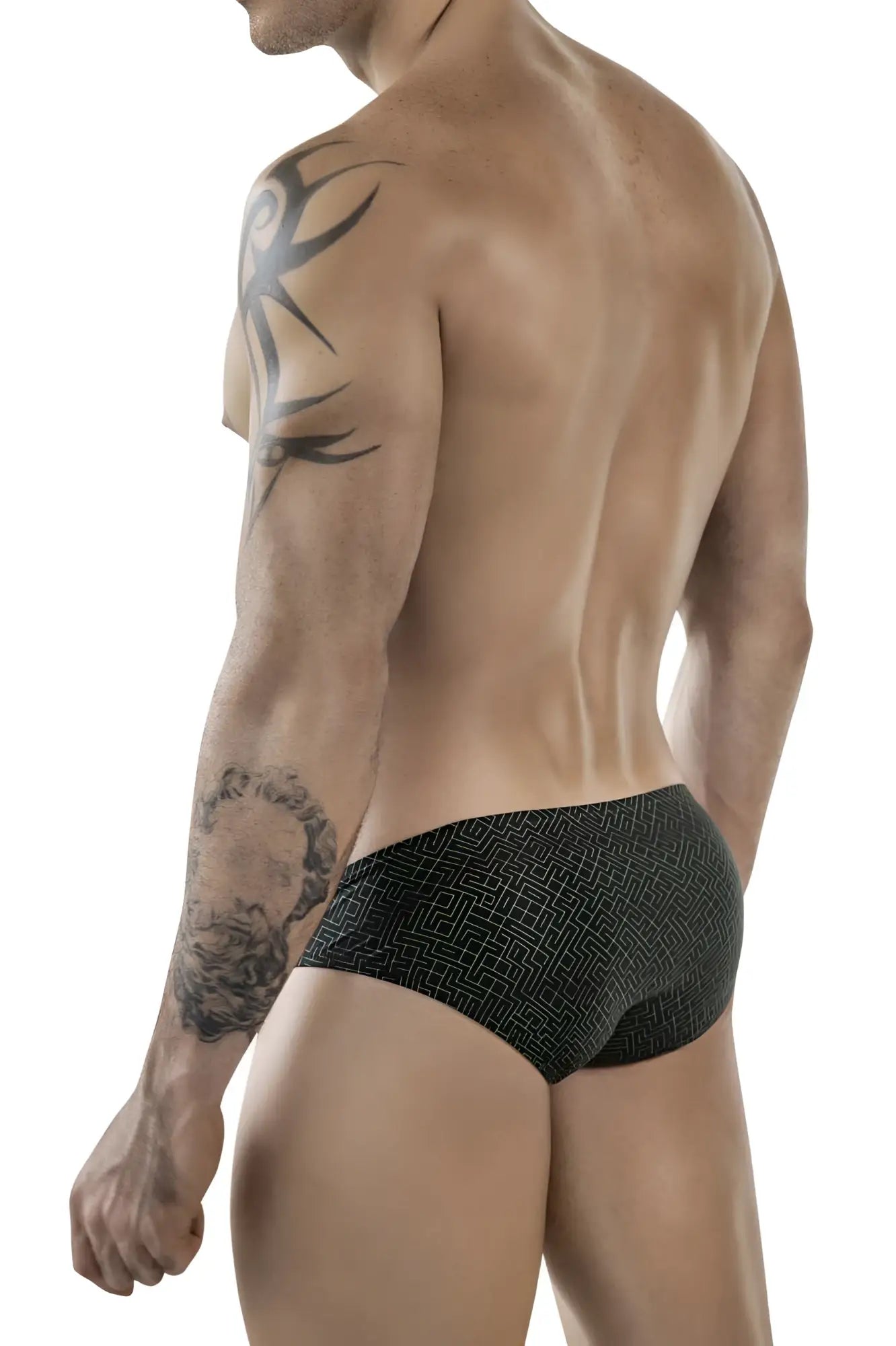 Black briefs clever 1853 laberin bikini with subtle white geometric pattern in black fabric front view