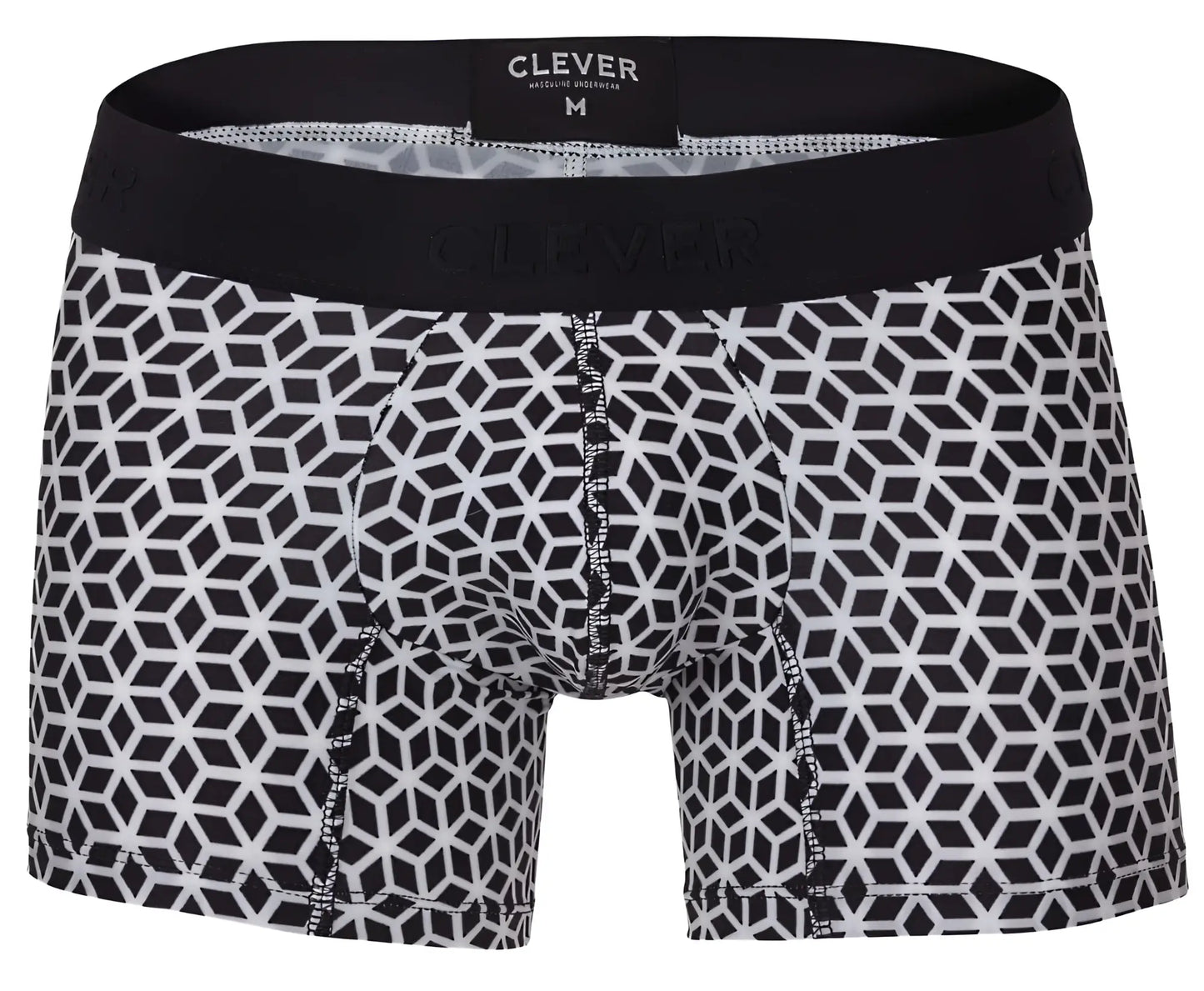 Black and white geometric-patterned clever 1854 cuadricula trunks with a black elastic waistband for comfortable wear