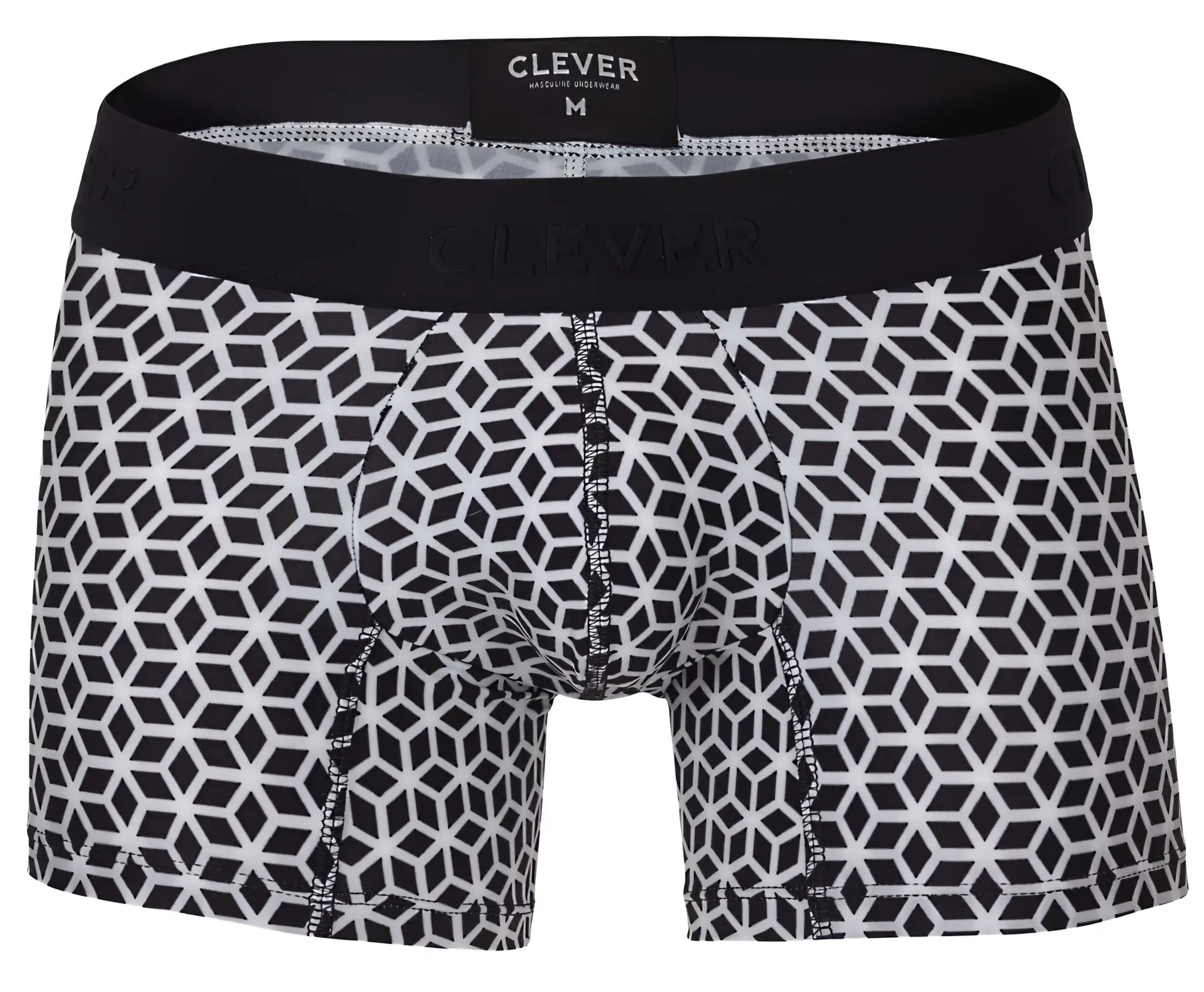 Black and white geometric-patterned clever 1854 cuadricula trunks with a black elastic waistband for comfortable wear
