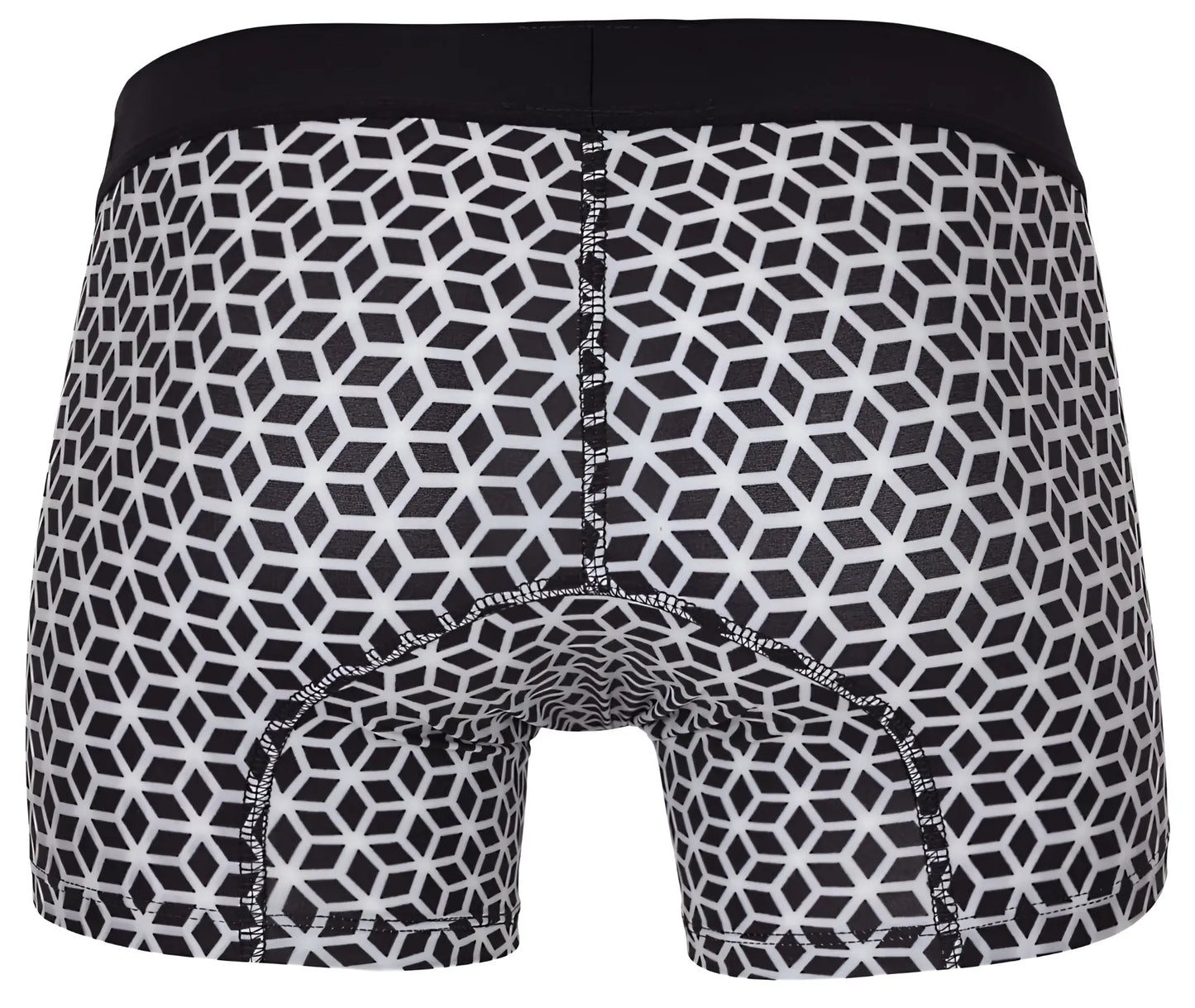 Black and white geometric patterned Clever 1854 Cuadricula trunks with solid black waistband in white color