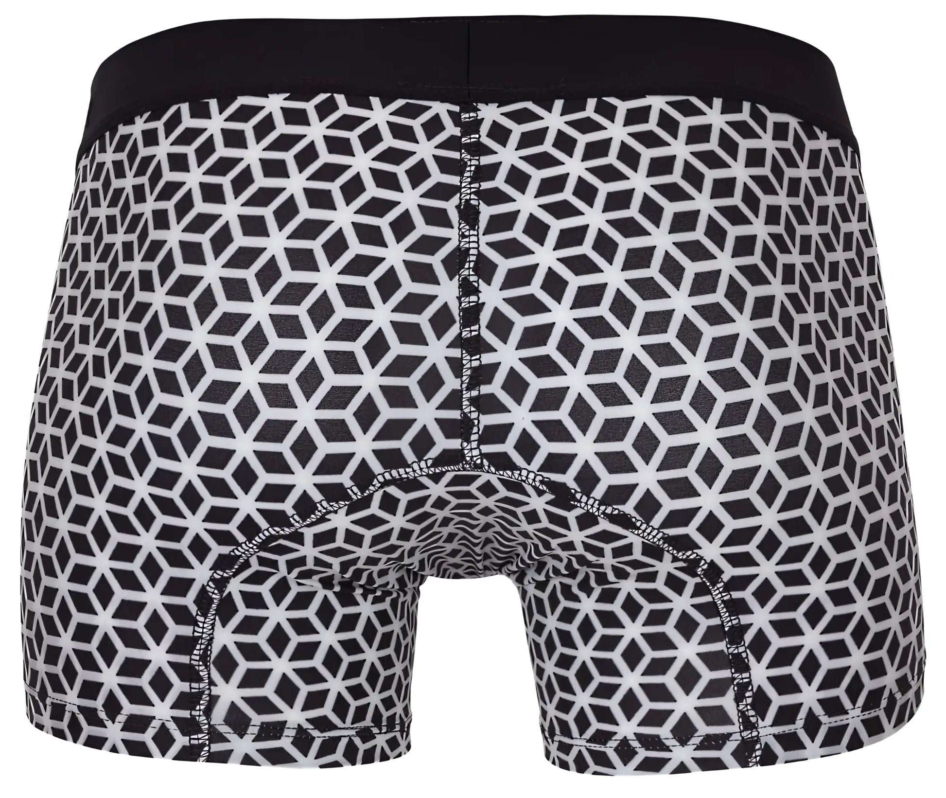 Black and white geometric patterned Clever 1854 Cuadricula trunks with solid black waistband in white color