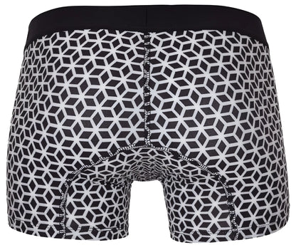 Black and white geometric patterned Clever 1854 Cuadricula trunks with solid black waistband in white color