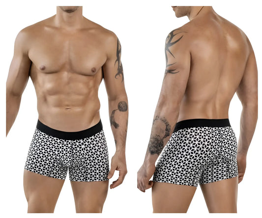 Clever 1854 cuadricula trunks white boxer briefs with black and white geometric pattern and solid black waistband