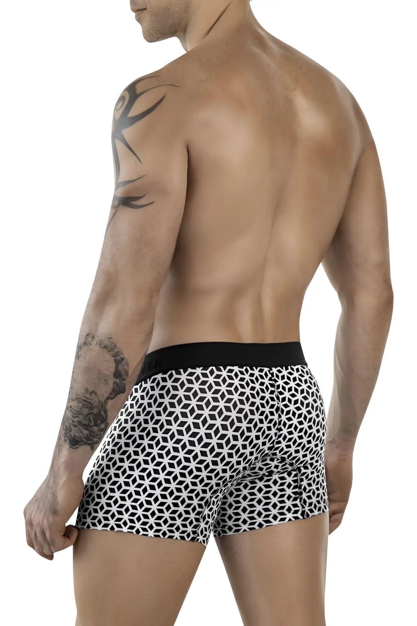 Clever 1854 cuadricula trunks white men’s boxer briefs with black waistband featuring black and white geometric pattern