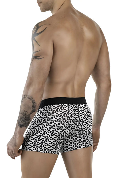 Clever 1854 cuadricula trunks white men’s boxer briefs with black waistband featuring black and white geometric pattern