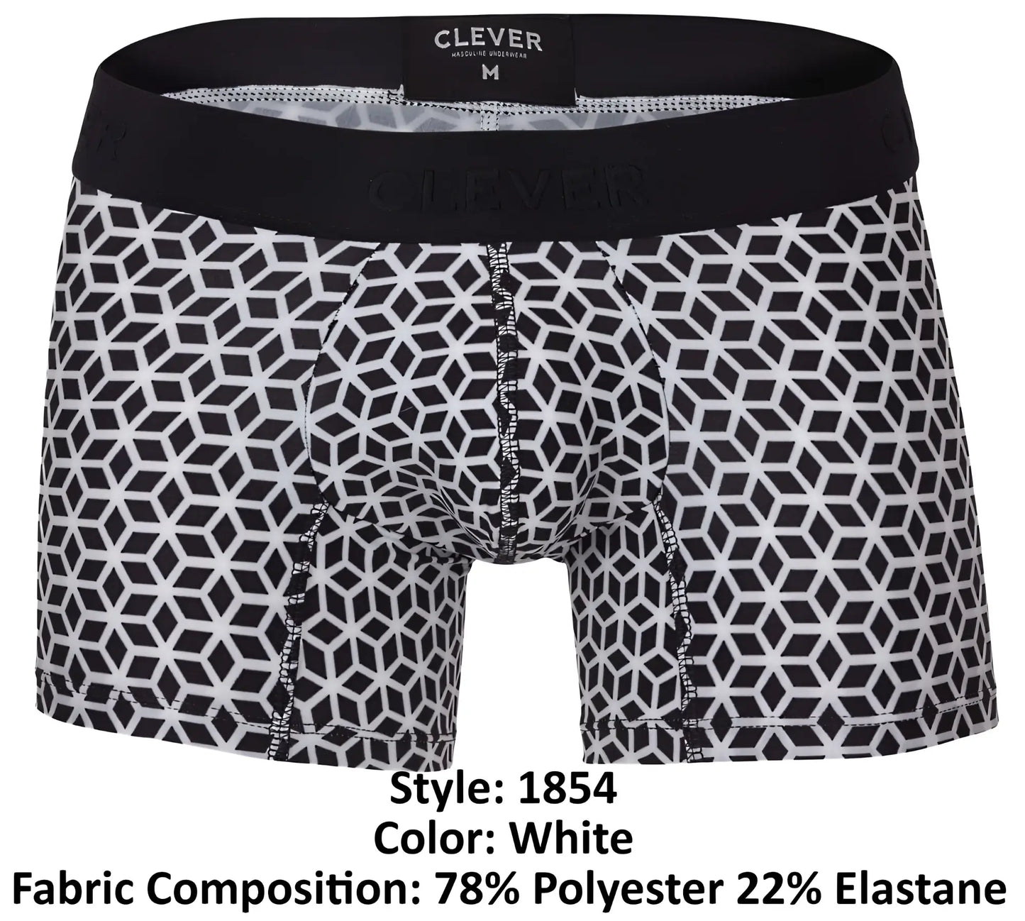 White boxer briefs with black geometric pattern and elastic waistband by clever 1854 cuadricula trunks color white