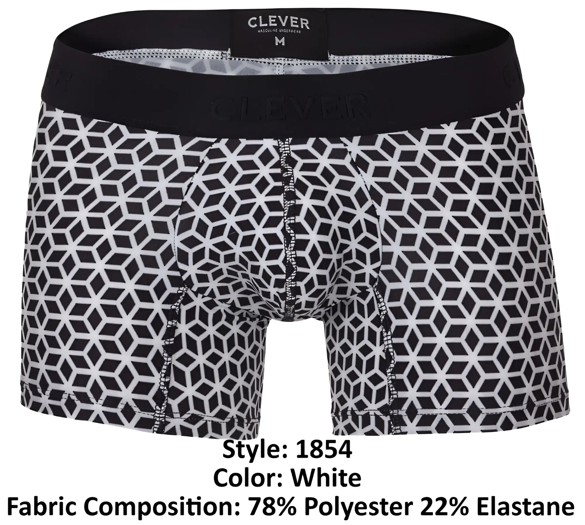 White boxer briefs with black geometric pattern and elastic waistband by clever 1854 cuadricula trunks color white
