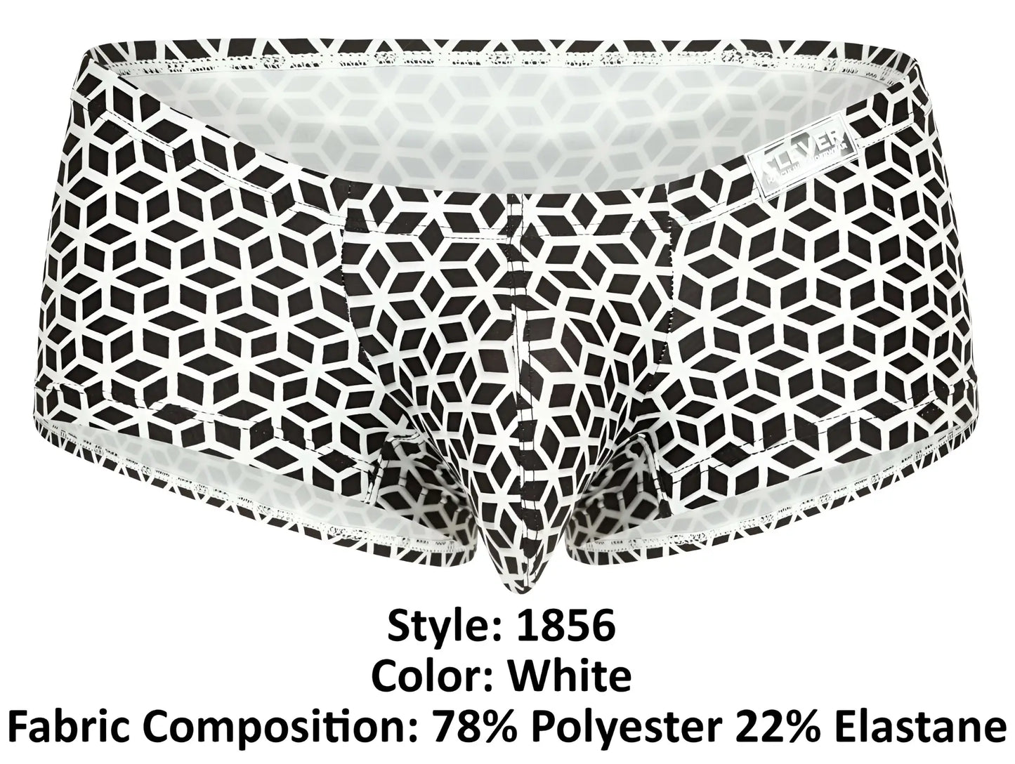 White briefs Clever 1856 Cuadricula trunks with bold black geometric interlocking cube pattern in white color
