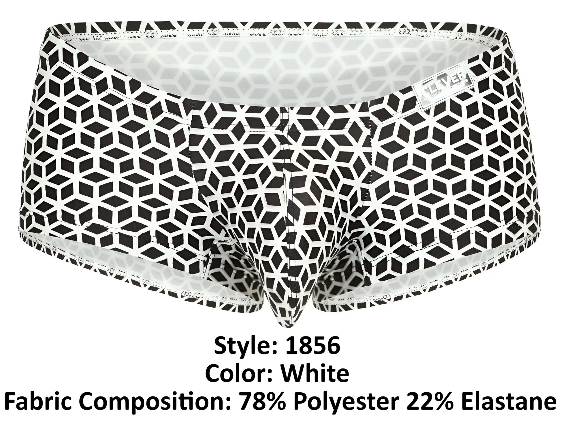 White briefs Clever 1856 Cuadricula trunks with bold black geometric interlocking cube pattern in white color