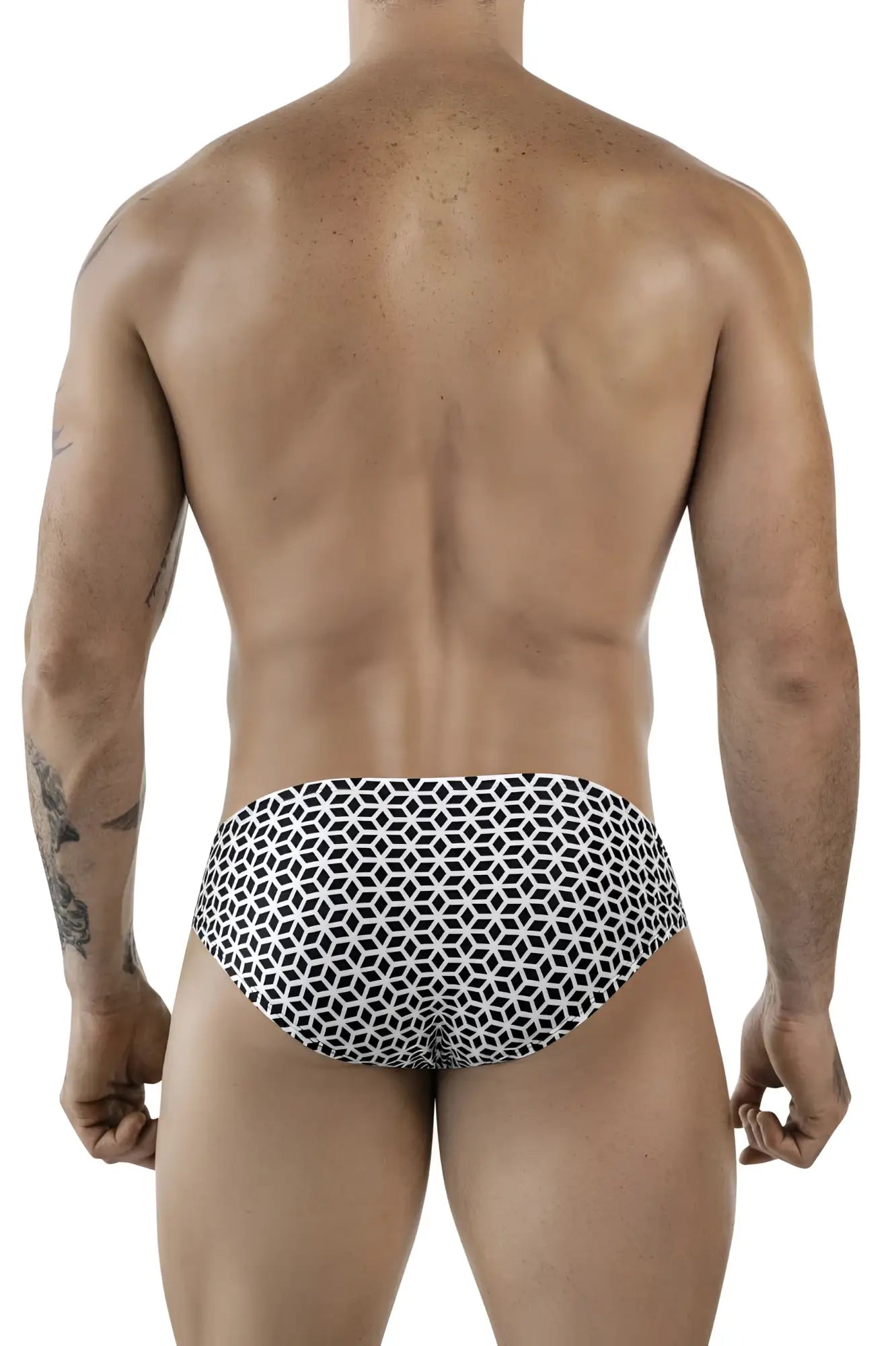 Black and white geometric patterned swim trunks clever 1857 cuadricula bikini color white front view