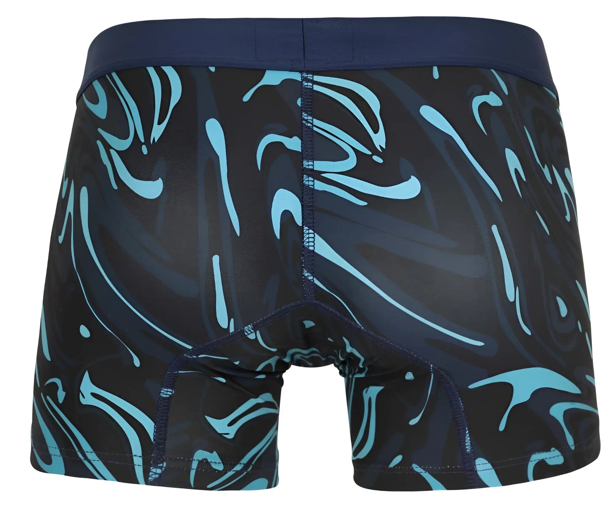 Clever 1858 grosh trunks boxer briefs in black and teal abstract swirl pattern with navy waistband in dark blue color