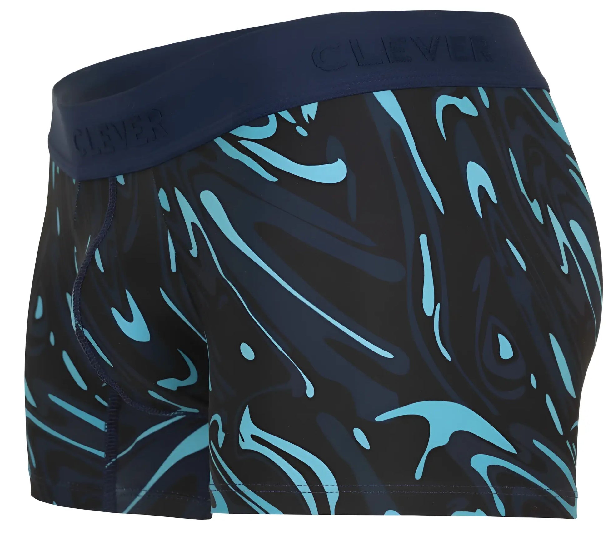 Dark blue clever 1858 grosh trunks boxer briefs with vibrant teal abstract swirl pattern and embossed waistband
