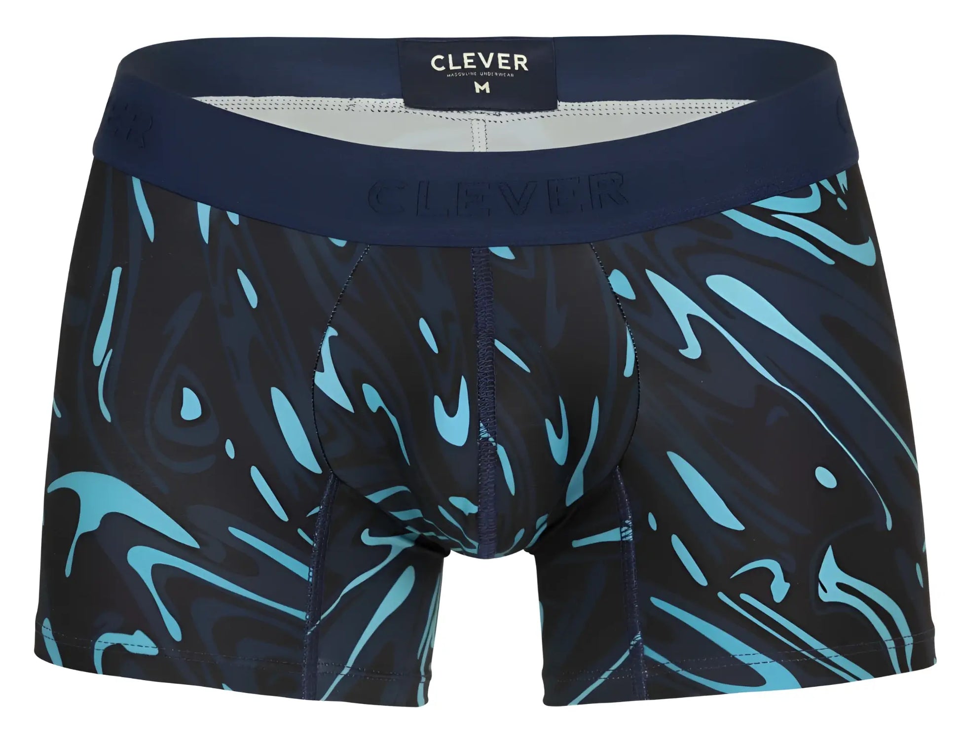 Dark blue clever 1858 grosh trunks boxer briefs with vibrant turquoise abstract swirl pattern and branded waistband