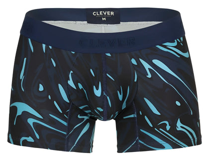 Dark blue clever 1858 grosh trunks boxer briefs with vibrant turquoise abstract swirl pattern and branded waistband