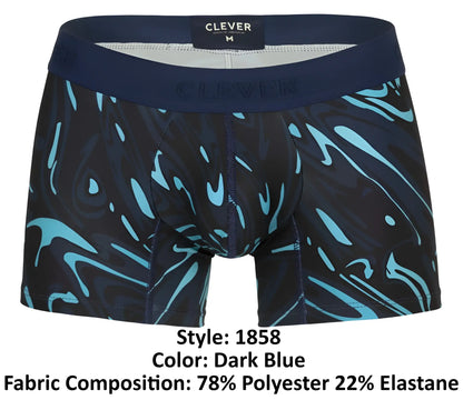 Dark blue clever 1858 grosh trunks boxer briefs with vibrant turquoise abstract swirl pattern and clever label waistband
