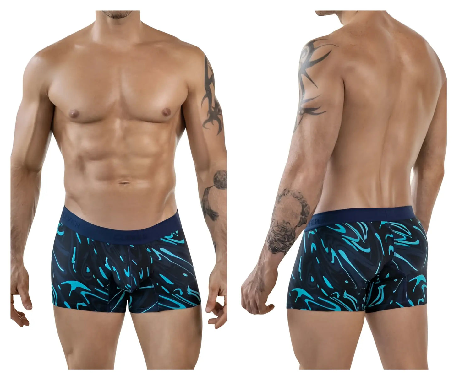 Men’s clever 1858 grosh trunks dark blue boxer briefs with navy base and turquoise abstract swirl pattern and dark waistband