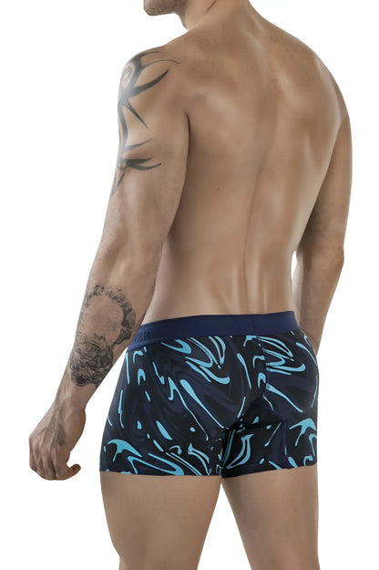 Men’s navy blue clever 1858 grosh trunks boxer briefs with vibrant turquoise abstract wave pattern