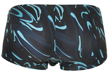 Black clever 1860 grosh swim trunks with teal and light blue dynamic swirling pattern in dark blue color