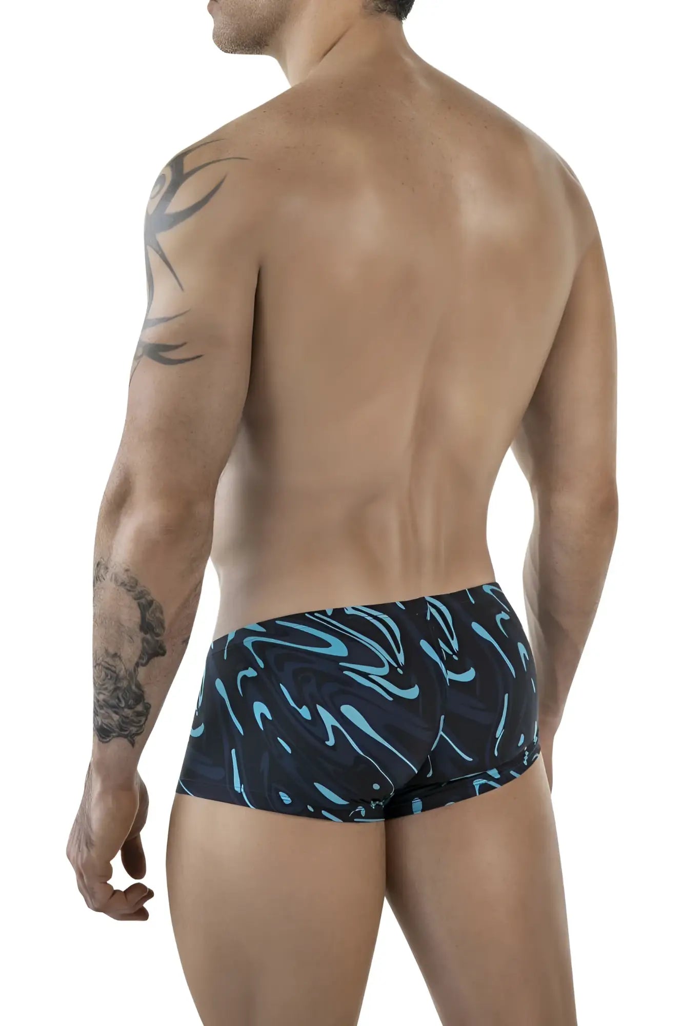 Black clever 1860 grosh swim trunks with a vibrant turquoise abstract wave pattern in dark blue color