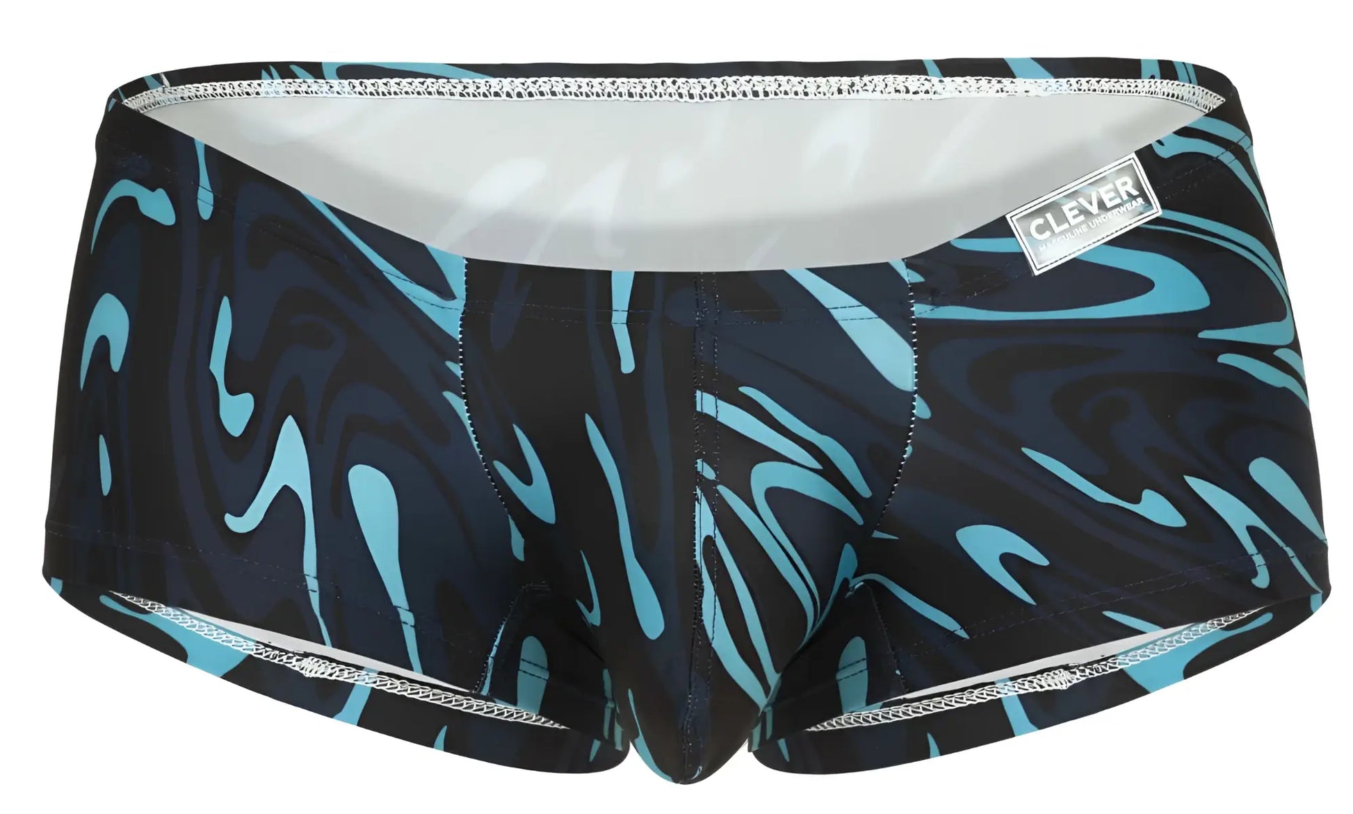 Clever 1860 grosh trunks in dark blue feature black and teal abstract wave patterns with silver zipper trim for swimwear