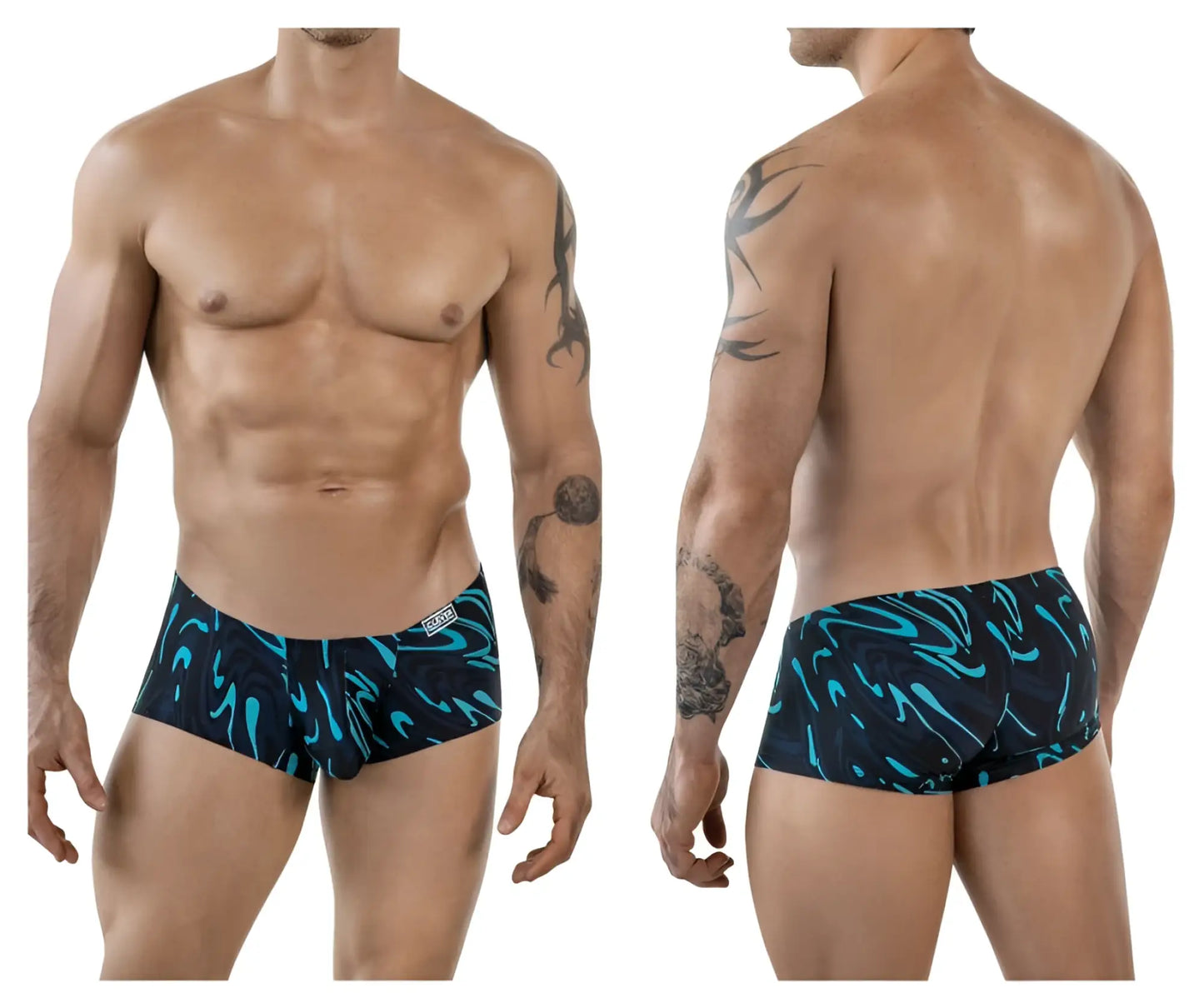 Men’s clever 1860 grosh trunks in black and teal abstract swirl pattern designed for swimwear in dark blue color