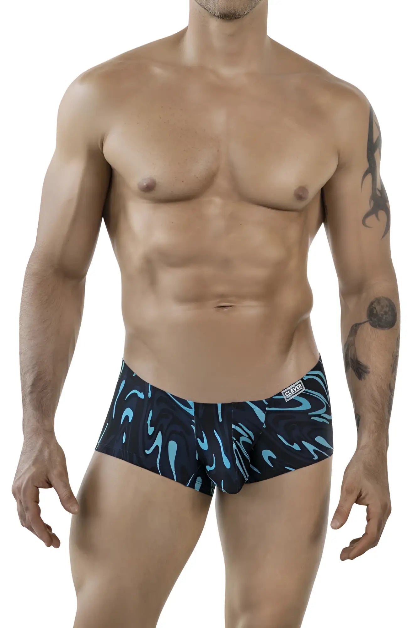 Men’s clever 1860 grosh trunks in dark blue with black and teal abstract wave-patterned briefs front view
