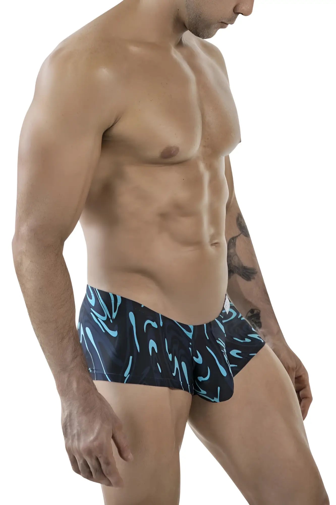 Dark blue clever 1860 grosh swim trunks with vibrant turquoise abstract wave pattern for stylish beachwear