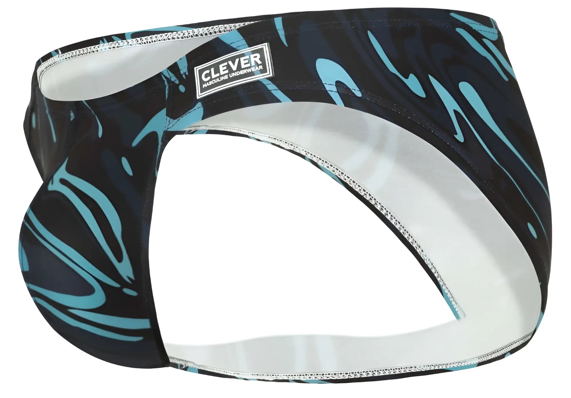 Clever 1861 Grosh bikini mens underwear in black and teal abstract pattern with white interior lining and dark blue color