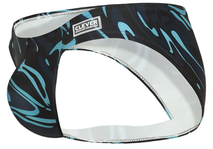 Clever 1861 Grosh bikini mens underwear in black and teal abstract pattern with white interior lining and dark blue color