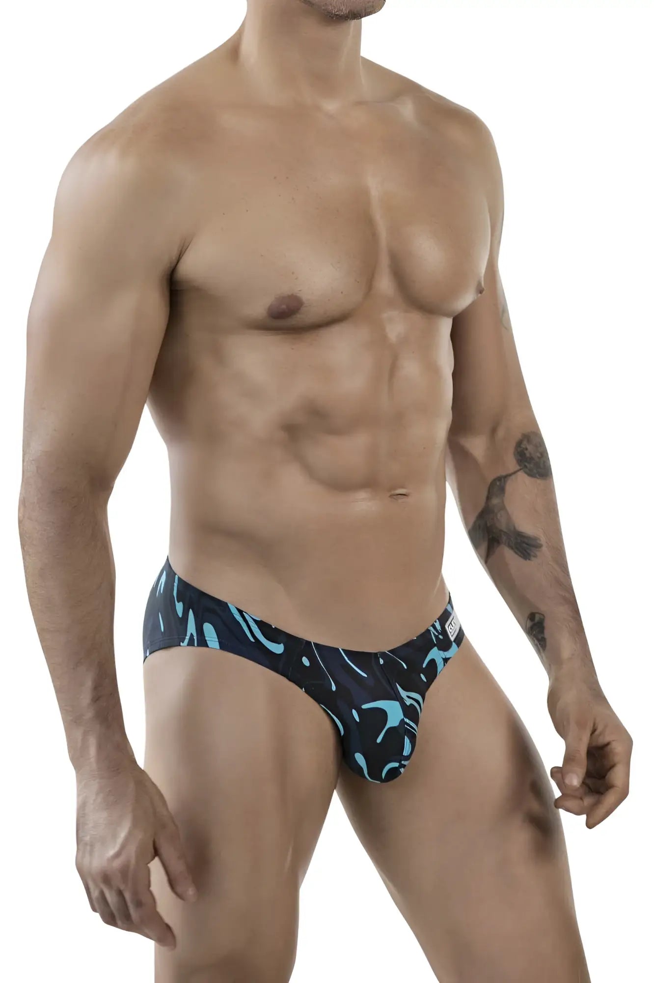 Black and teal abstract patterned Clever 1861 Grosh bikini briefs in dark blue for men with a comfortable fit