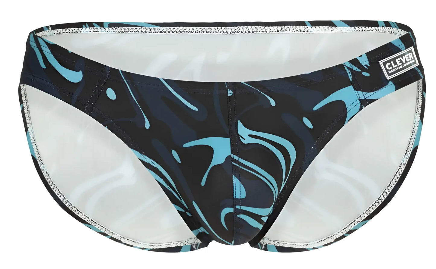 Clever 1861 Grosh bikini color dark blue swim trunks with black and teal abstract splash pattern and white lining