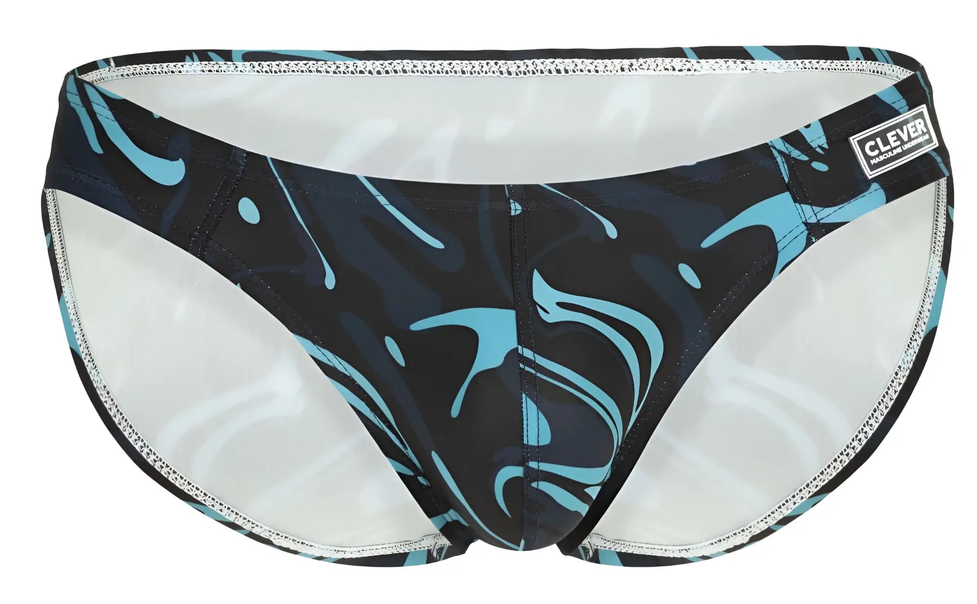 Clever 1861 Grosh bikini color dark blue swim trunks with black and teal abstract splash pattern and white lining