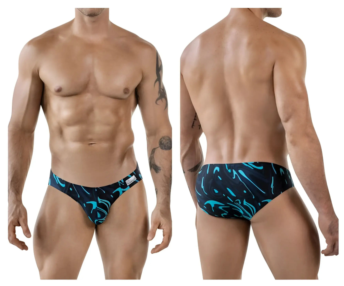 Men’s clever 1861 grosh bikini swim trunks in black and teal abstract pattern for beach and pool wear