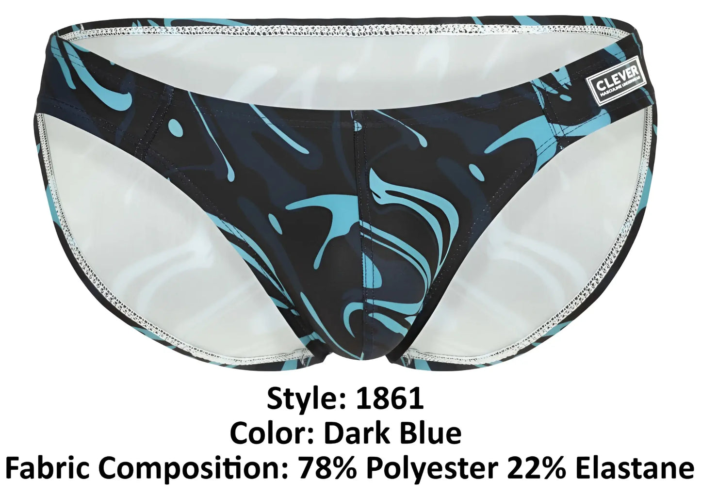 Dark blue Clever 1861 Grosh bikini swim trunks with swirling turquoise black pattern and silver stitched edges