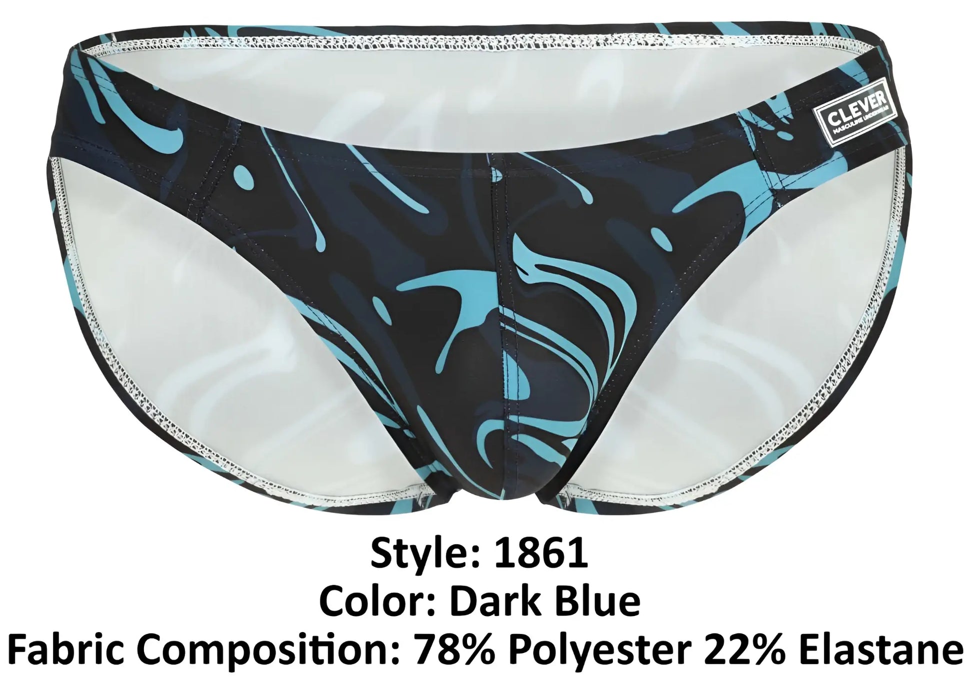 Dark blue Clever 1861 Grosh bikini swim trunks with swirling turquoise black pattern and silver stitched edges