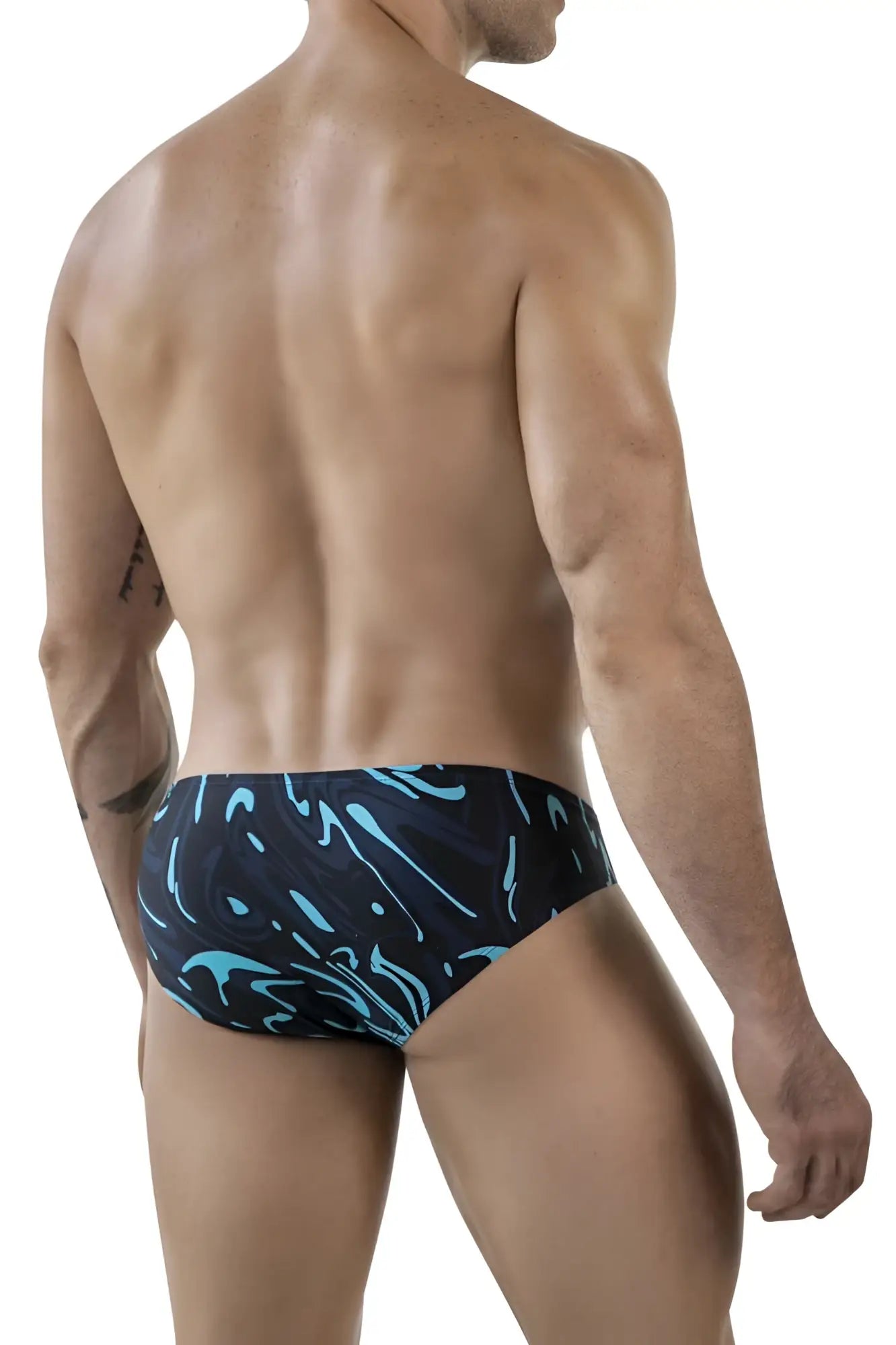 Dark blue swim trunks with vibrant turquoise abstract wave pattern from clever 1861 grosh bikini collection