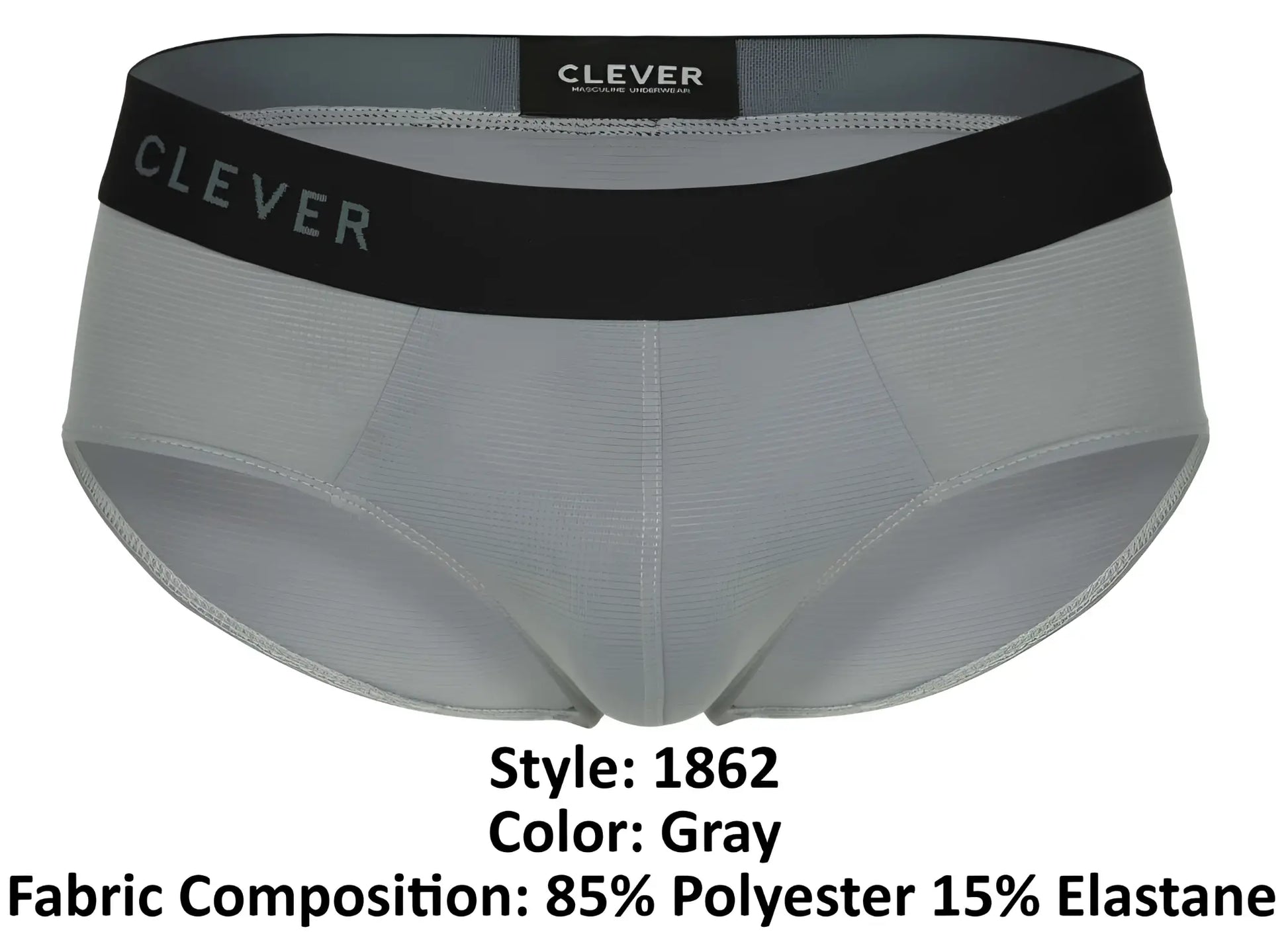 Gray clever 1862 oneal briefs with black waistband made of 85 percent polyester 15 percent elastane fabric