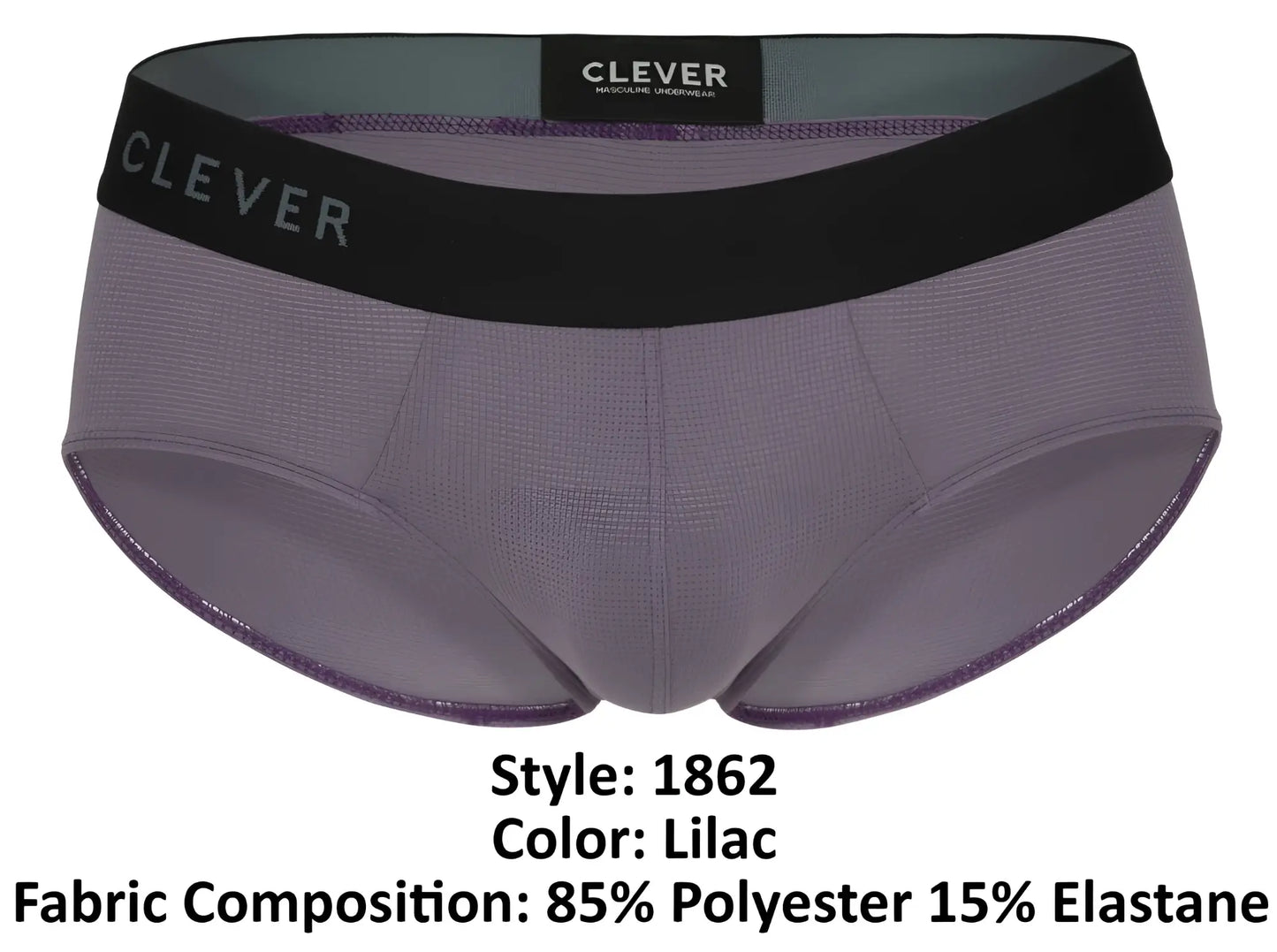 Lilac clever 1862 Oneal men’s briefs made from 85% polyester 15% elastane with black waistband and gray brand name
