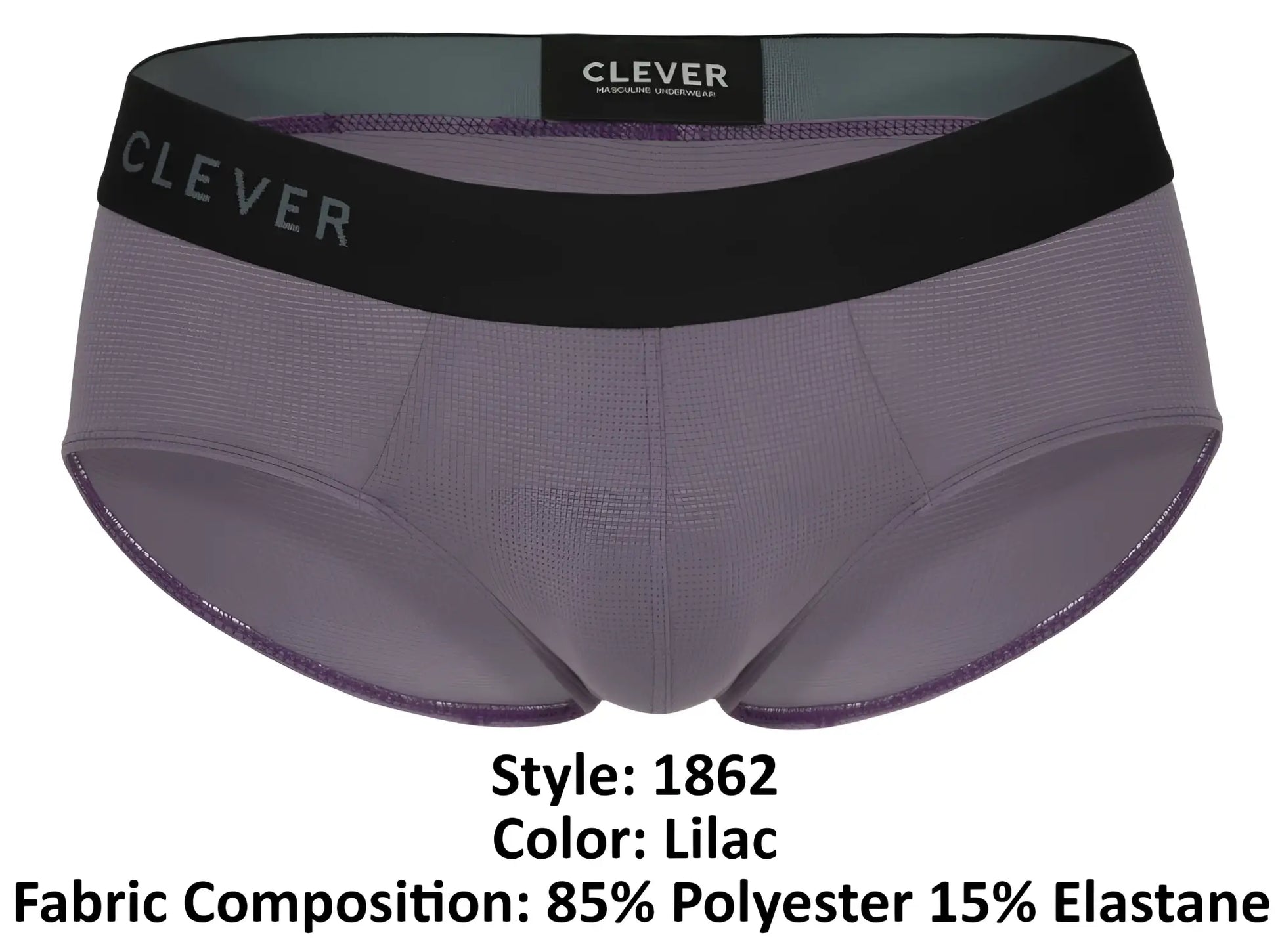Lilac clever 1862 Oneal men’s briefs made from 85% polyester 15% elastane with black waistband and gray brand name