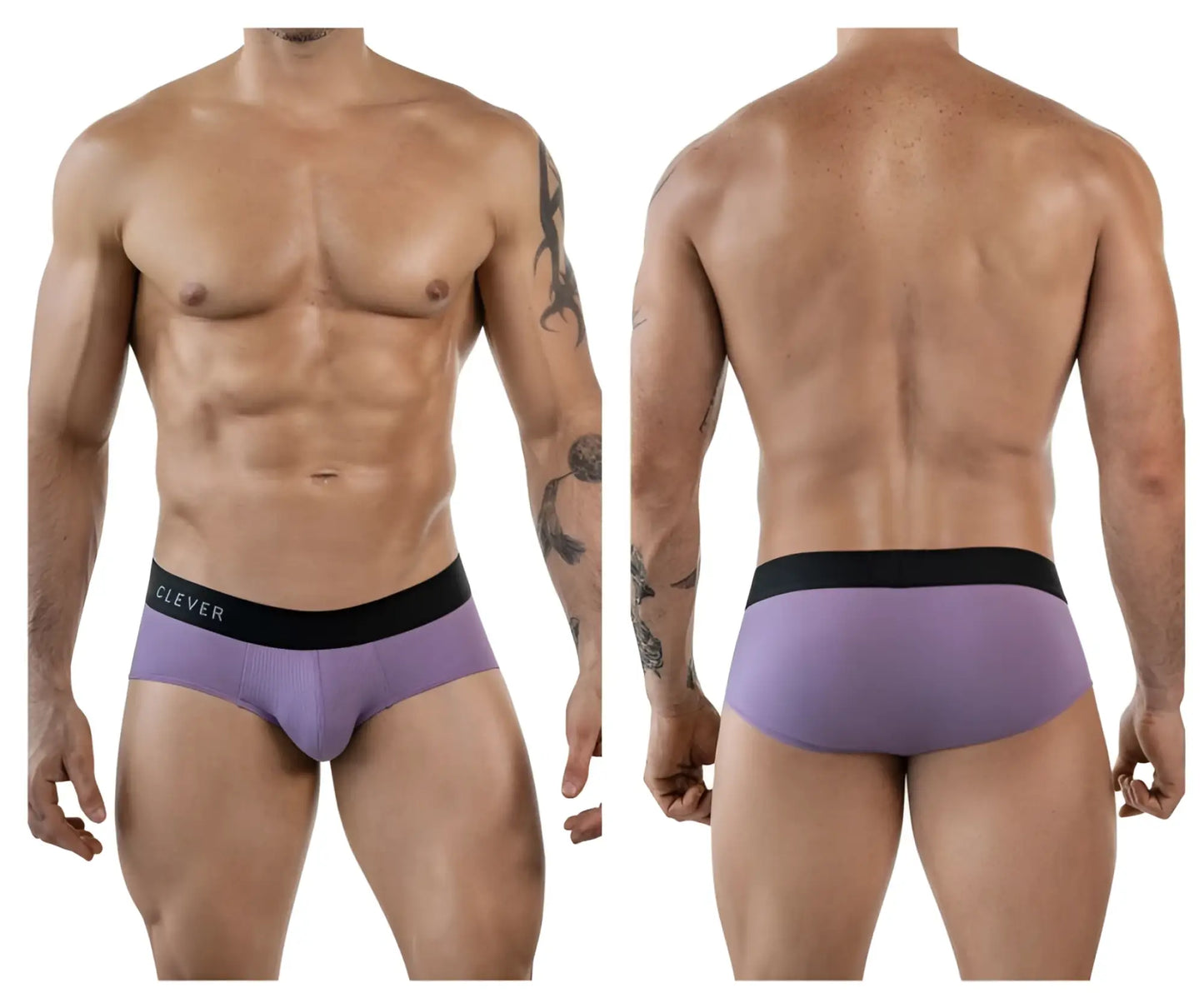 Purple textured briefs with black elastic waistband featuring brand name clever in white lettering in lilac color
