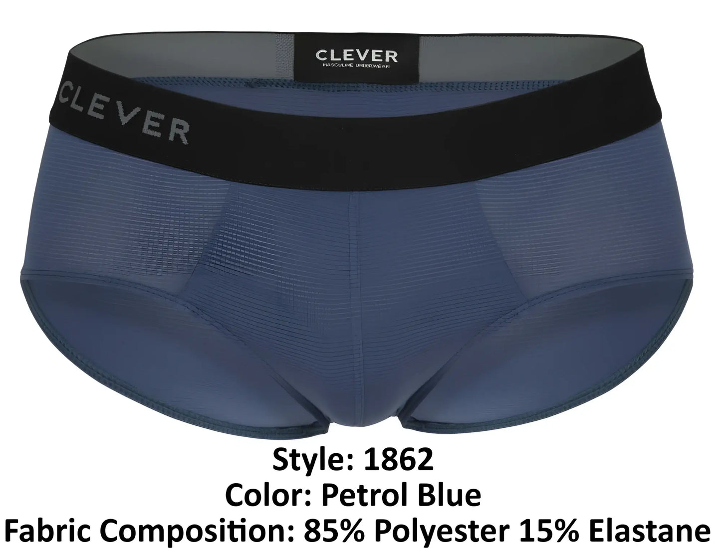 Petrol blue clever 1862 oneal briefs for men with black waistband featuring clever brand name in gray lettering