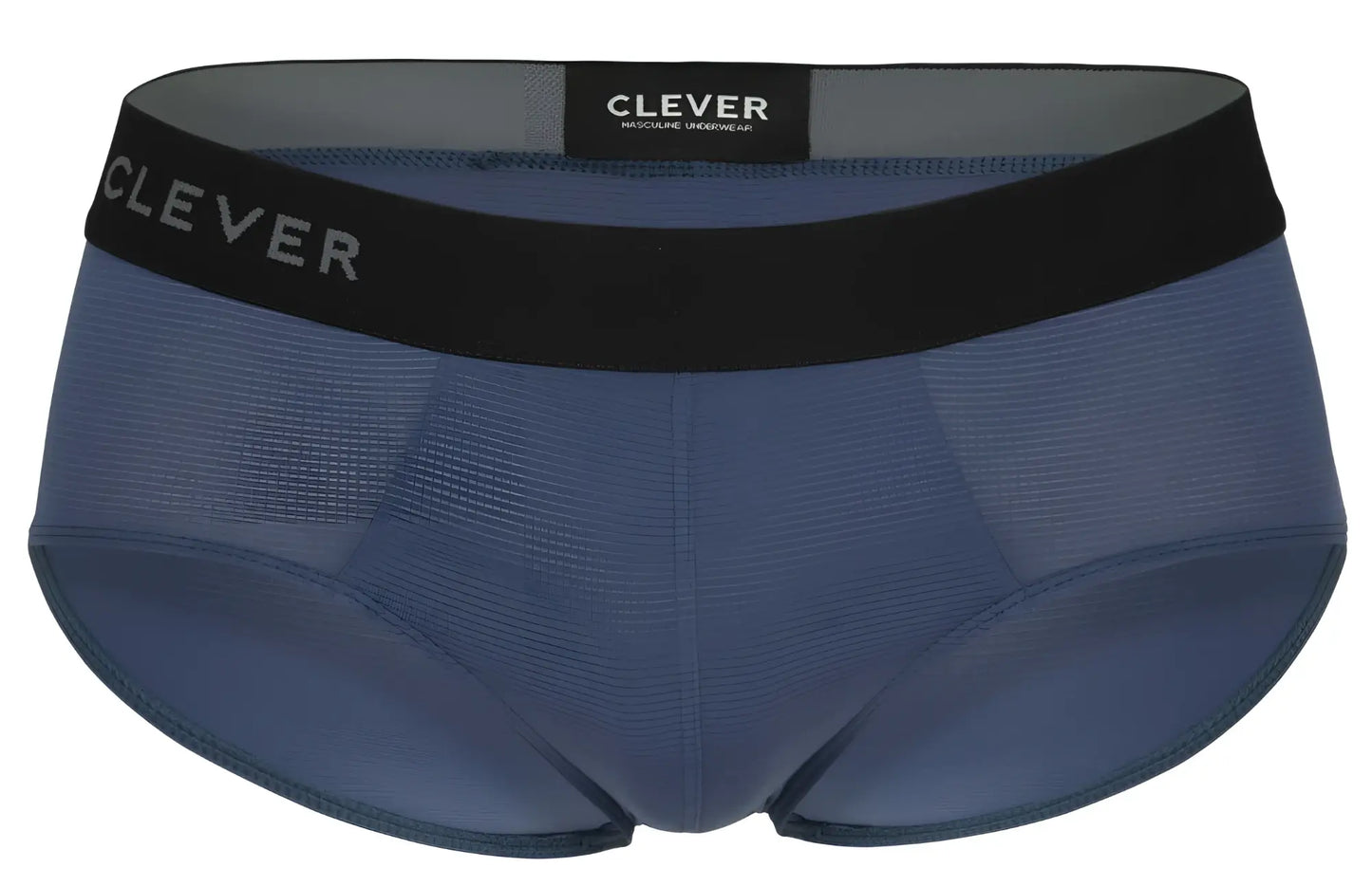 Blue clever men’s brief with black waistband and gray clever branding in petrol blue color