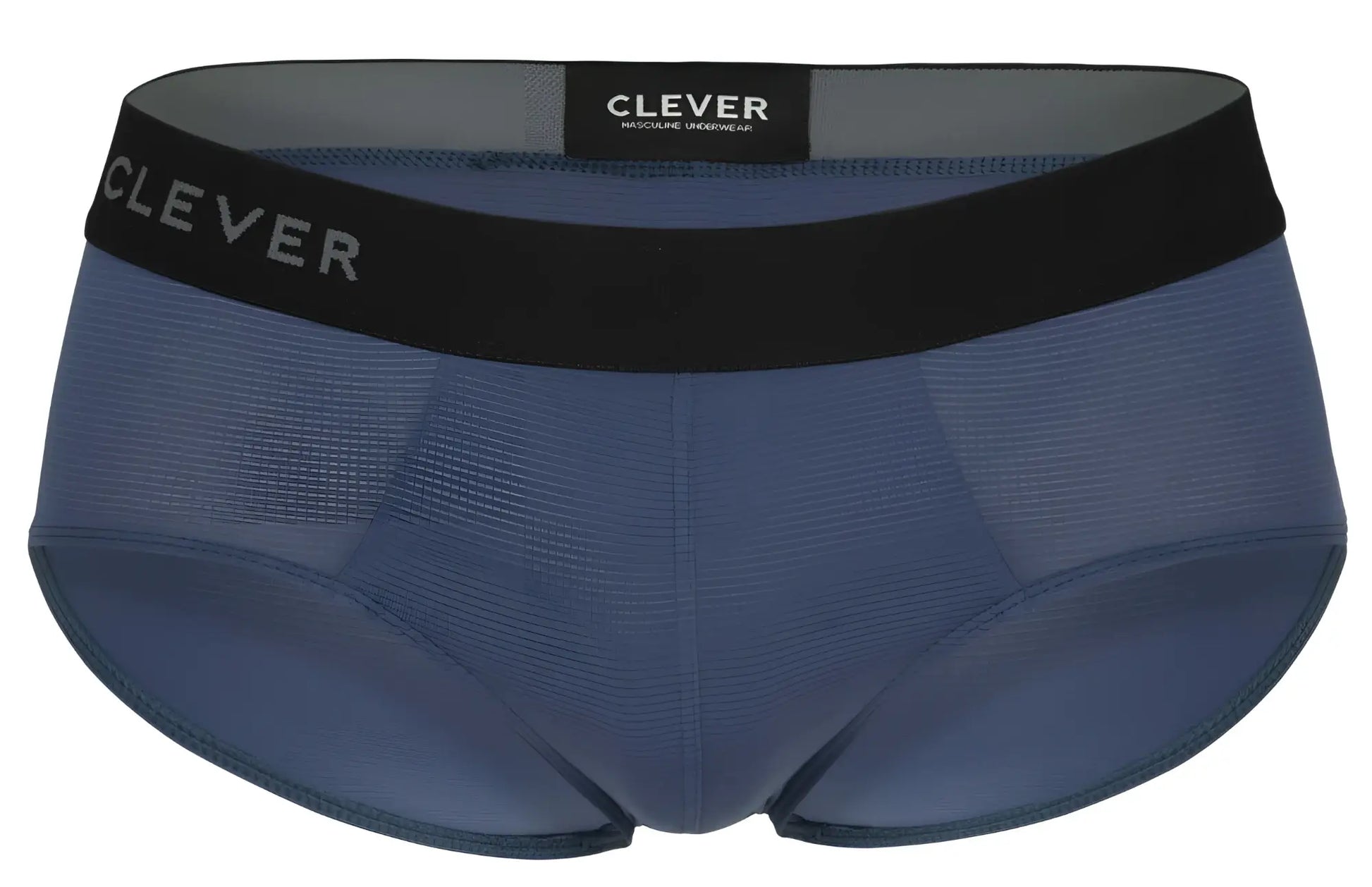 Blue clever men’s brief with black waistband and gray clever branding in petrol blue color