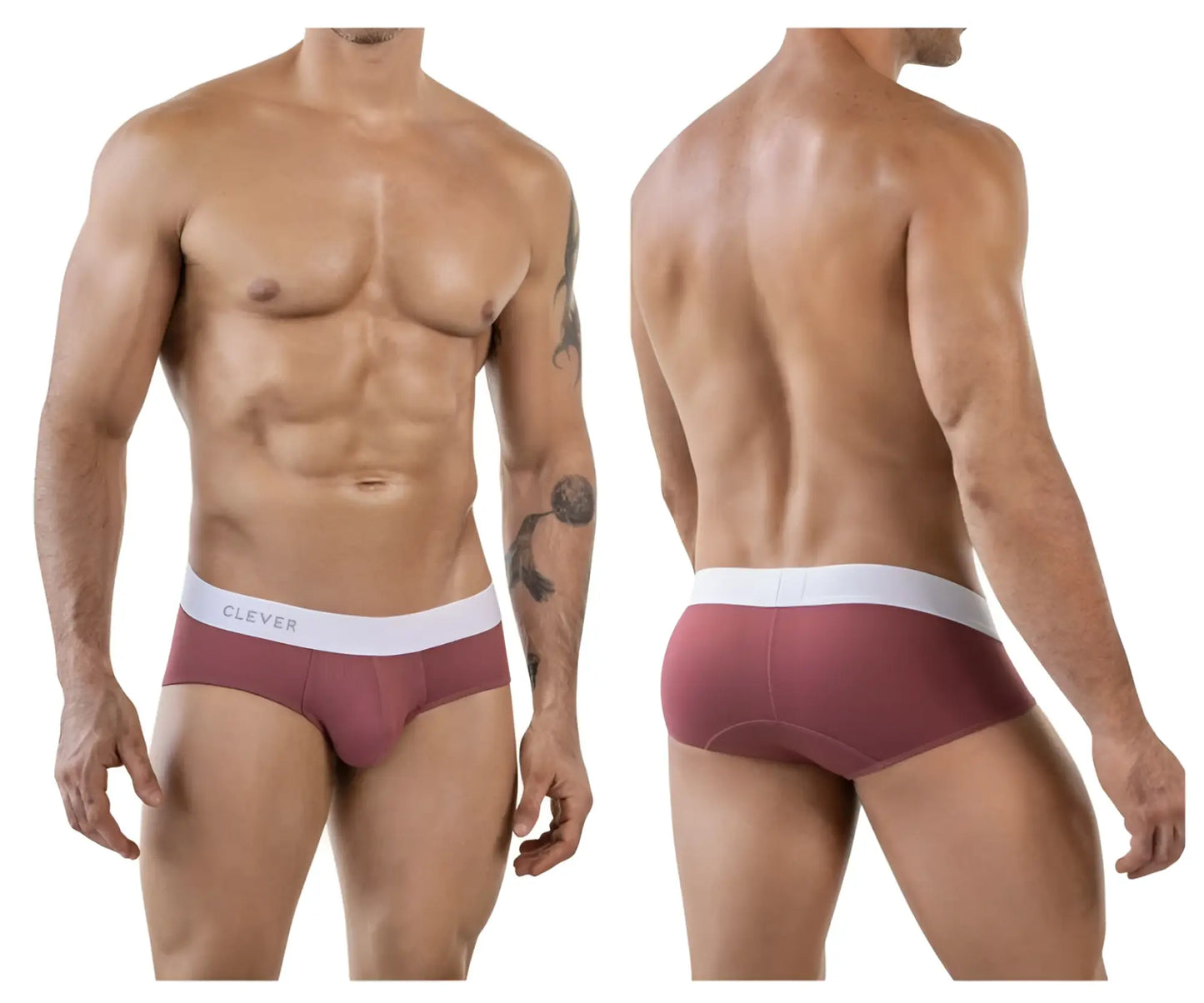 Maroon clever 1863 lecler briefs with a white waistband featuring clever logo in gray lettering for comfortable wear